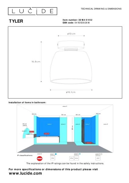 Lucide TYLER - Plafonnier Salle de bains - Ø 16,1 cm - 1xG9 - IP44 - Or Mat / Laiton - TECHNISCH